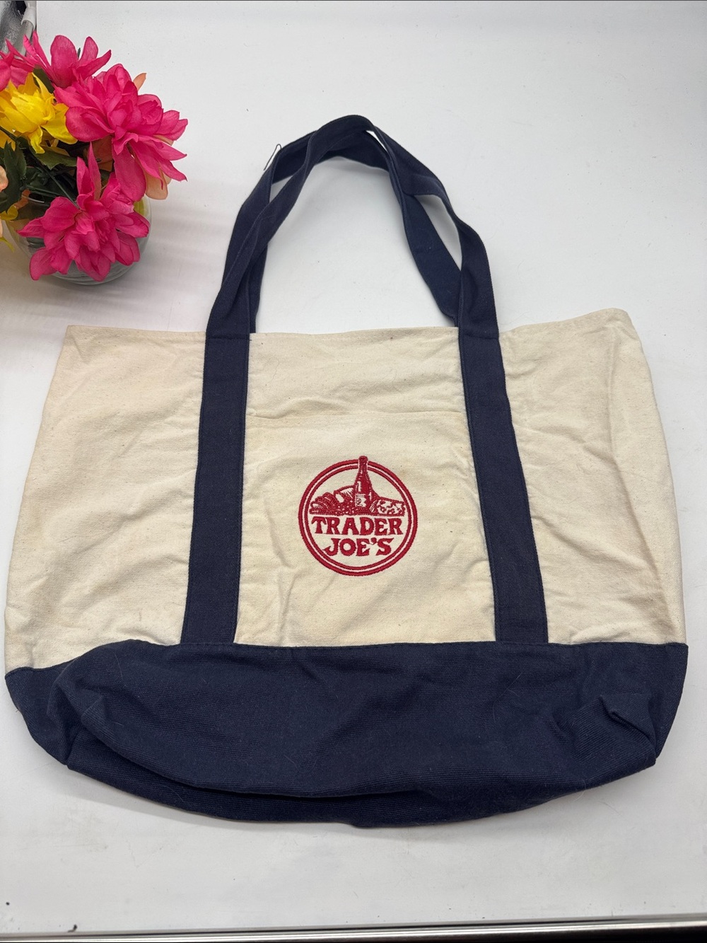 Trader Joe's Canvas Tote Bag in Natural and Navy